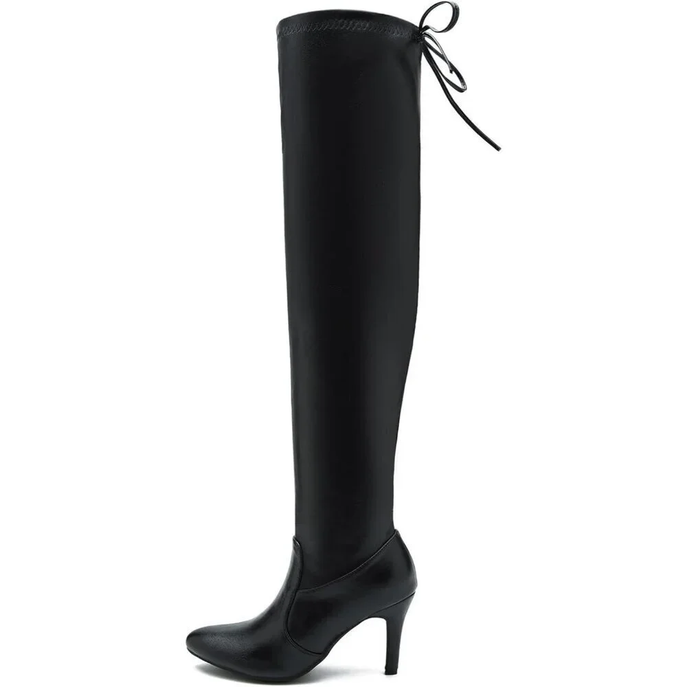 Women Black Polyurethane Pointed Toe Over The Knee Thigh High Stiletto Heel Boot